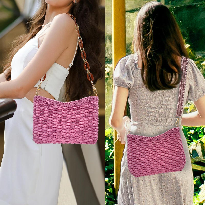 Beurlike Small Straw Handbags for Women Crossbody Pocketbooks Woven Shoulder Purses Beach Tote Bag for Summer Vacation with Chain(Pink) - Image 2