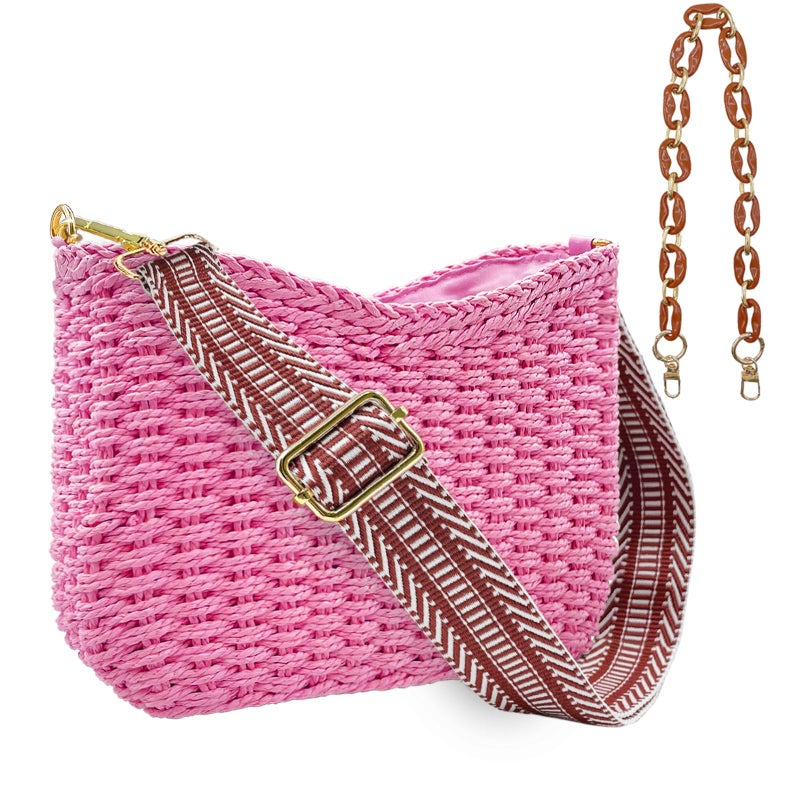 Beurlike Small Straw Handbags for Women Crossbody Pocketbooks Woven Shoulder Purses Beach Tote Bag for Summer Vacation with Chain(Pink) - Image 1