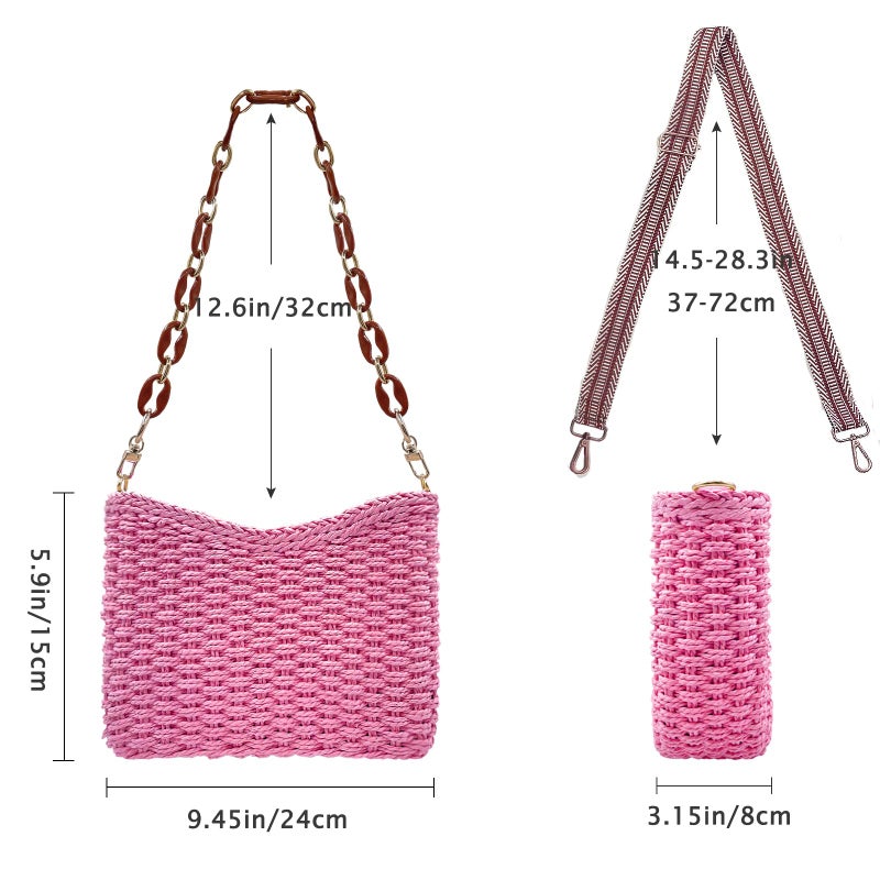 Beurlike Small Straw Handbags for Women Crossbody Pocketbooks Woven Shoulder Purses Beach Tote Bag for Summer Vacation with Chain(Pink) - Image 4