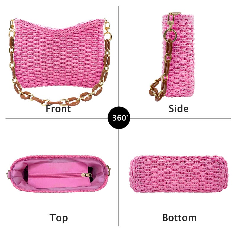 Beurlike Small Straw Handbags for Women Crossbody Pocketbooks Woven Shoulder Purses Beach Tote Bag for Summer Vacation with Chain(Pink) - Image 5