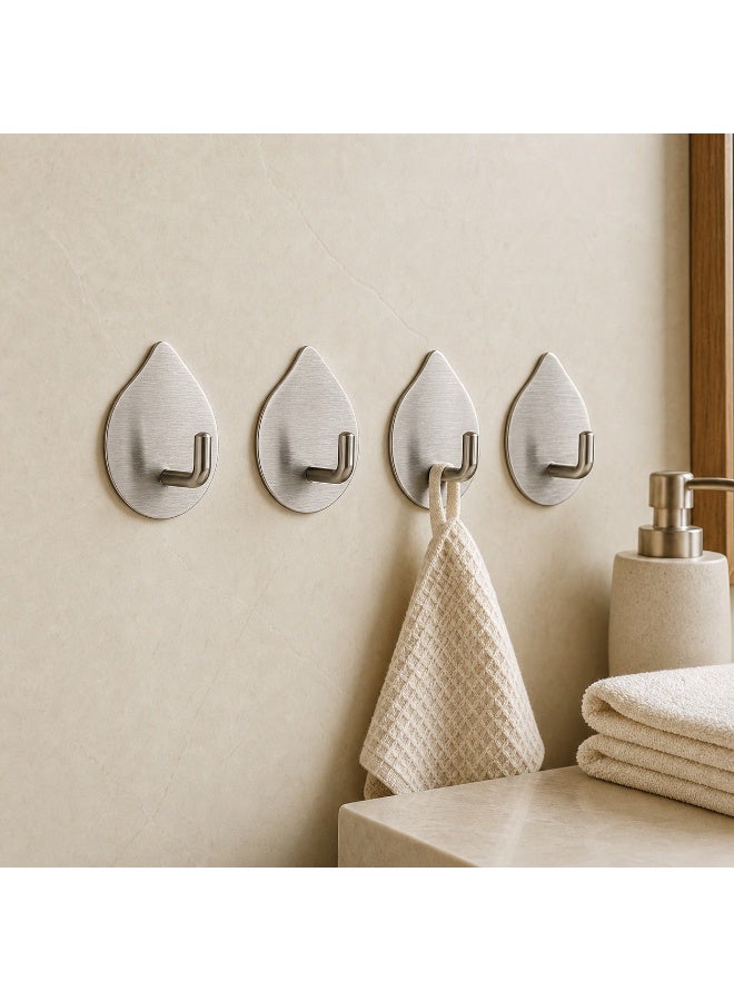4pcs Self-Adhesive Stainless Steel Wall Hooks, Silver Waterdrop Shape Design, Bathroom Kitchen Home Storage - Image 1
