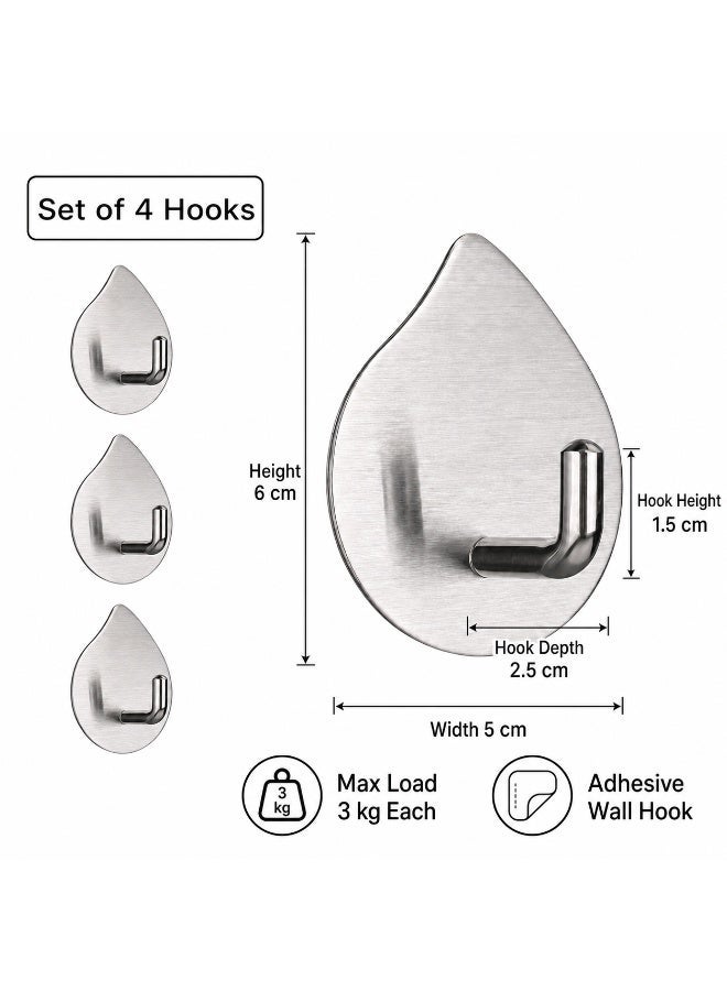 4pcs Self-Adhesive Stainless Steel Wall Hooks, Silver Waterdrop Shape Design, Bathroom Kitchen Home Storage - Image 4