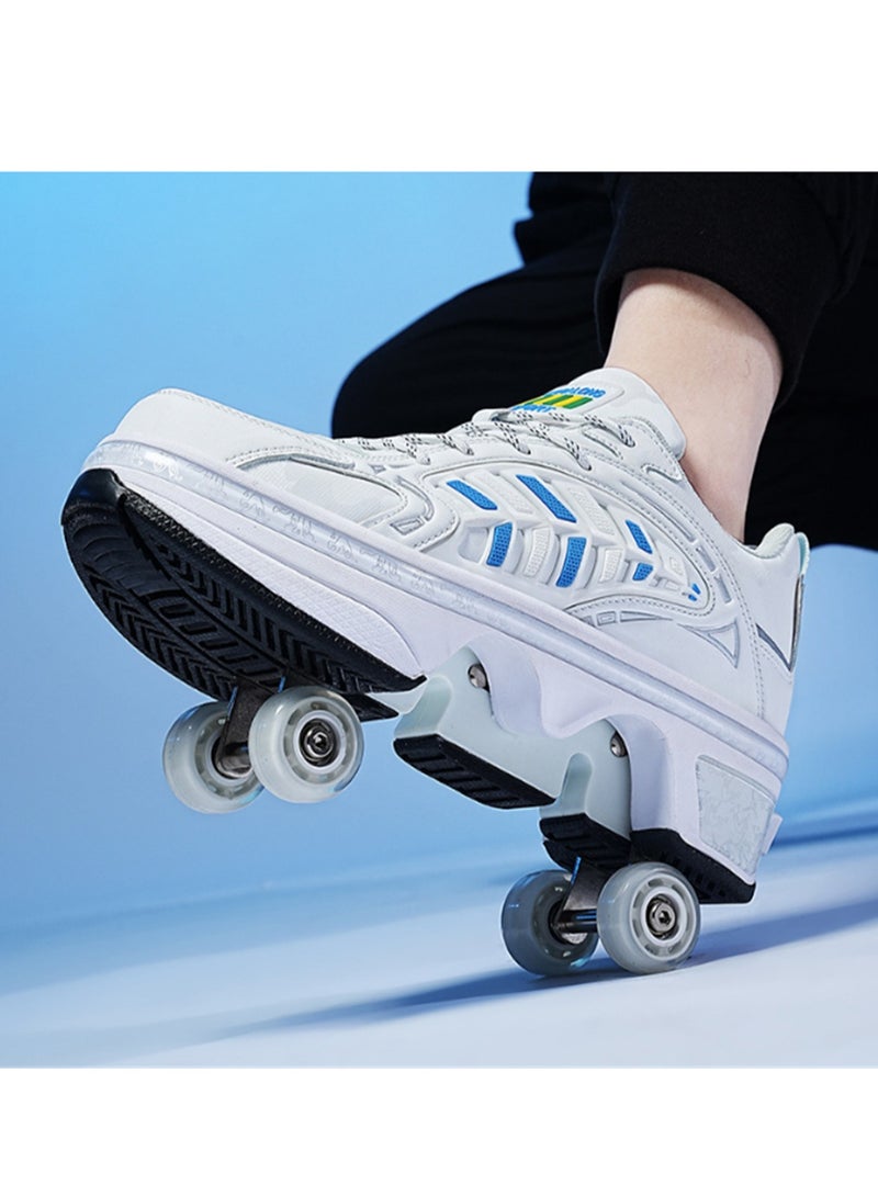 Loquat Four-Wheel Walking Shoes Can Be Retractable Deformation Shoes Rotary Buckle Roller Skates White  - Image 1