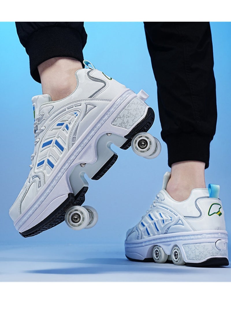 Loquat Four-Wheel Walking Shoes Can Be Retractable Deformation Shoes Rotary Buckle Roller Skates White  - Image 3