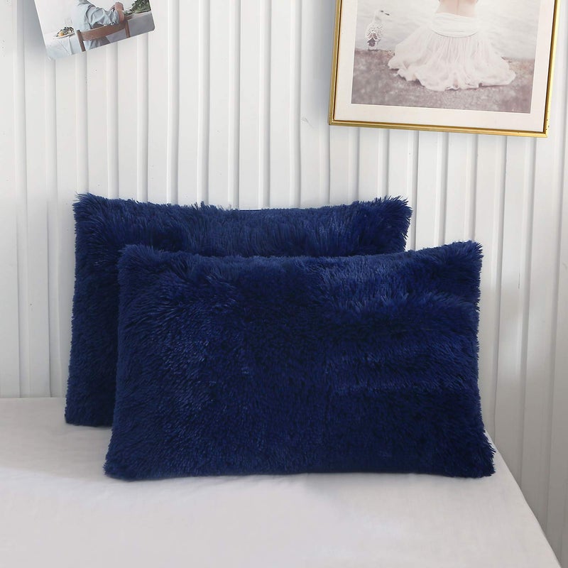 XeGe Faux Fur Throw Pillow Cases Plush Shaggy Ultra Soft Pillow Covers Fluffy Crystal Velvet Decorative Pillowcases Furry Fuzzy Pillow Shams Zipper Closure Set of 2 King Navy Blue