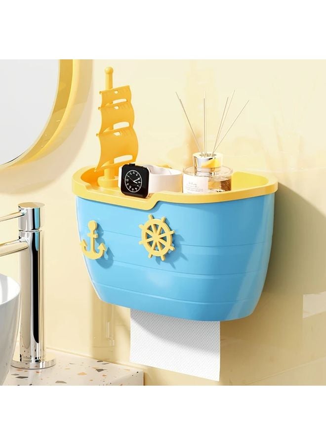 Blue Sailboat Shaped Toilet Paper Holder Wall Mounted Double Layer Tissue Storage Box - Image 1