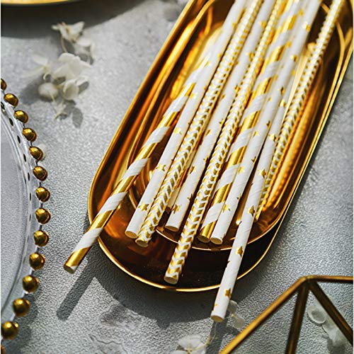 ALINK Biodegradable Gold Paper Straws Bulk  Pack of 100 Metallic Foil Striped/Wave/Heart/Star Straws for Birthday  Wedding  Bridal/Baby Shower  Celebrations and Party Supplies - Image 5