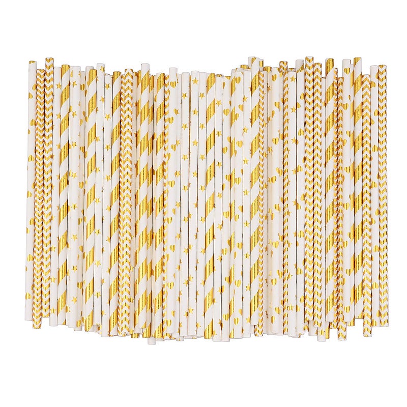 ALINK Biodegradable Gold Paper Straws Bulk  Pack of 100 Metallic Foil Striped/Wave/Heart/Star Straws for Birthday  Wedding  Bridal/Baby Shower  Celebrations and Party Supplies - Image 2