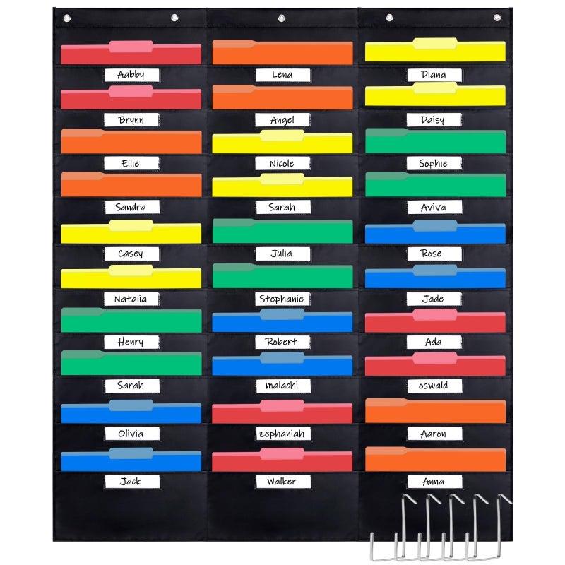 Opret 30 Pockets Storage Pocket Chart with 30 Nametag Pockets, Hanging Wall File Organizer for File Folders with 5 Hangers for Classroom, Office, School Mailbox Organizer and Home (Black) - Image 1