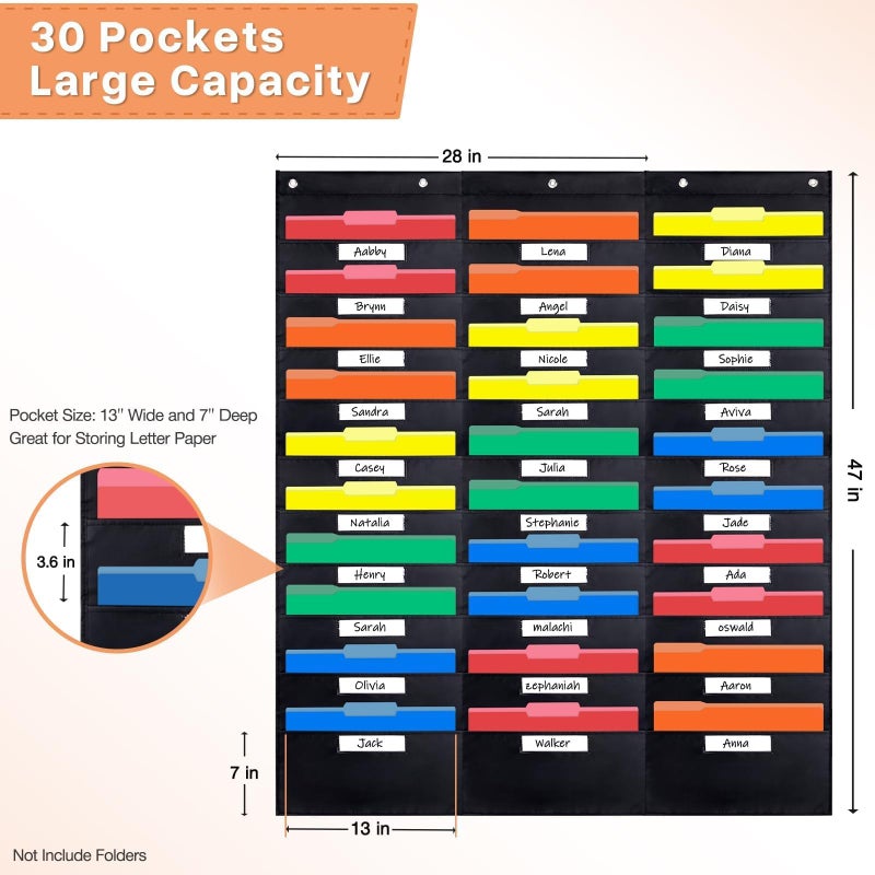 Opret 30 Pockets Storage Pocket Chart with 30 Nametag Pockets, Hanging Wall File Organizer for File Folders with 5 Hangers for Classroom, Office, School Mailbox Organizer and Home (Black) - Image 2