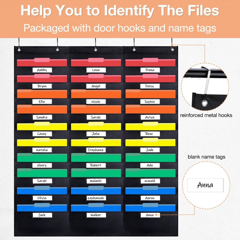 Opret 30 Pockets Storage Pocket Chart with 30 Nametag Pockets, Hanging Wall File Organizer for File Folders with 5 Hangers for Classroom, Office, School Mailbox Organizer and Home (Black) - Image 4