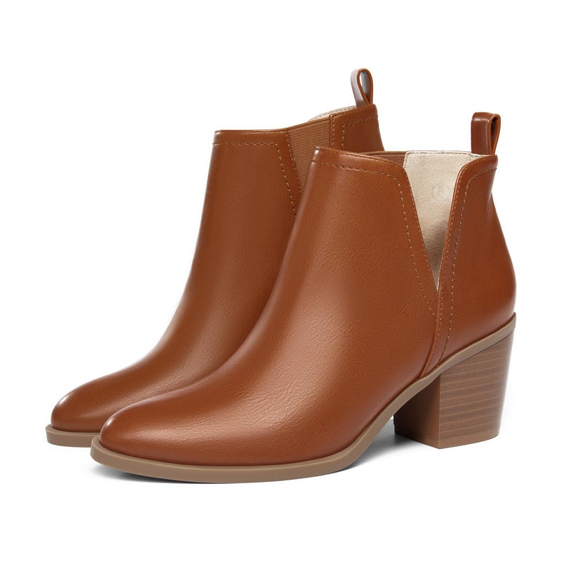 Coutgo Womens Cut Out Ankle Boots Chunky Stacked Heel Almond Toe Slip on Western Booties, Red-brown, Size 7 - Image 5