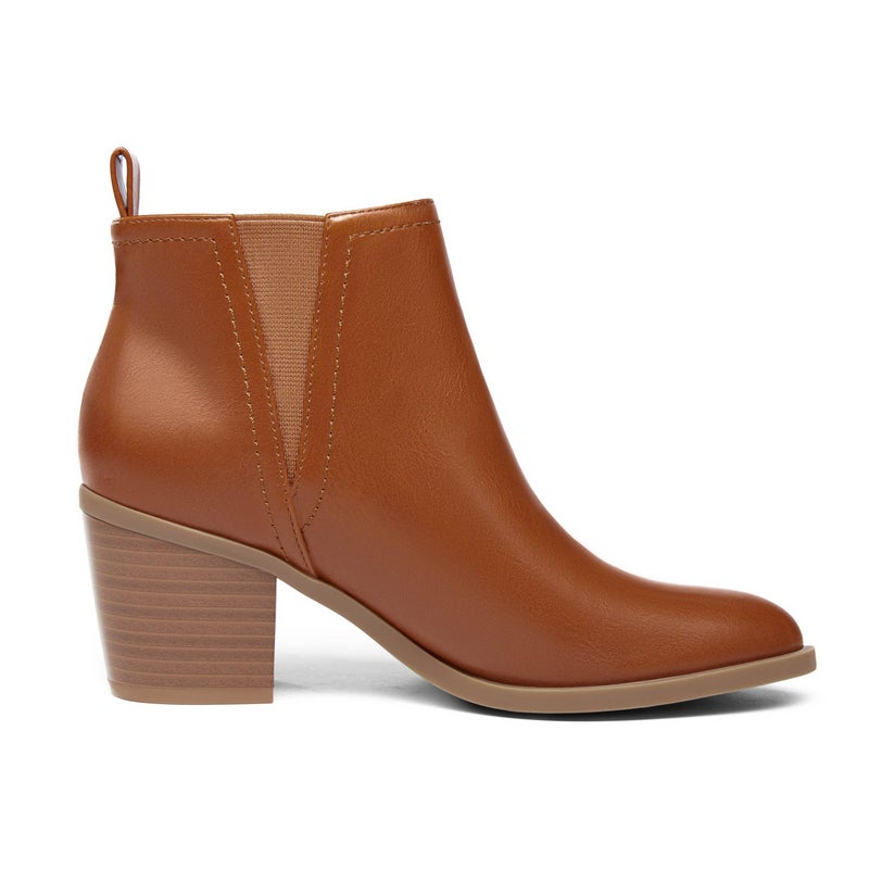 Coutgo Womens Cut Out Ankle Boots Chunky Stacked Heel Almond Toe Slip on Western Booties, Red-brown, Size 7 - Image 3