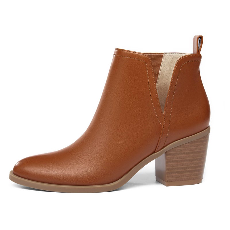 Coutgo Womens Cut Out Ankle Boots Chunky Stacked Heel Almond Toe Slip on Western Booties, Red-brown, Size 7 - Image 2