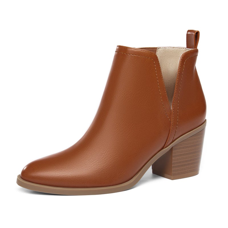 Coutgo Womens Cut Out Ankle Boots Chunky Stacked Heel Almond Toe Slip on Western Booties, Red-brown, Size 7 - Image 1