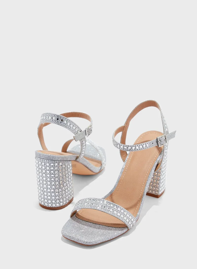 Truffle Jewelled   Silver Ankle Strap Heels