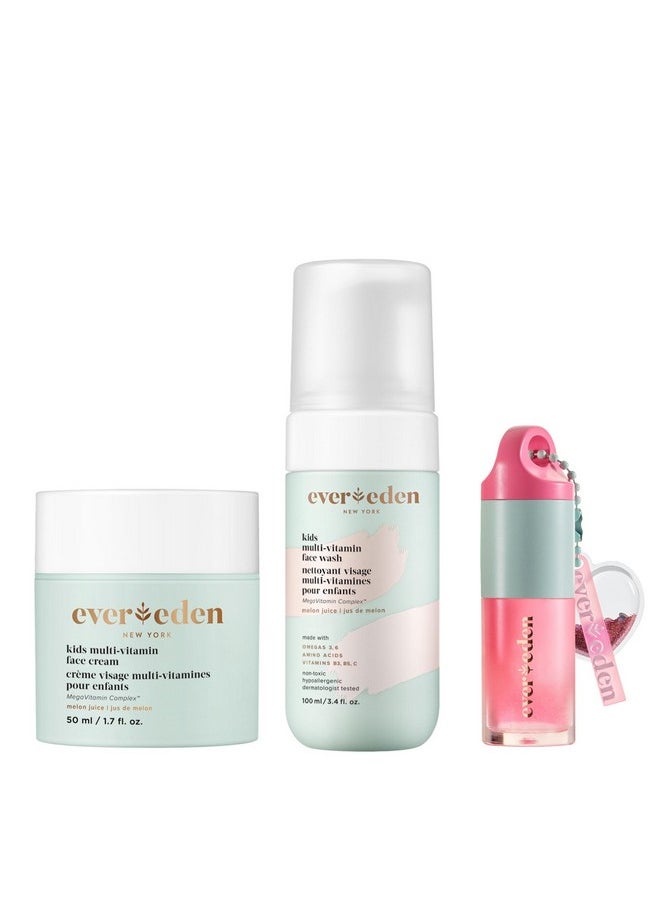 Evereden Evereden Happy Kids Skin & Lips Routine - Multi-Vitamin Kids Face Wash & Kids Face Cream & Tinted Lip Oil Set - Clean & Vegan Skin Care for Kids 3+ - Moisturizing, Nourishing, & Protective Kids Skin  - Image 1
