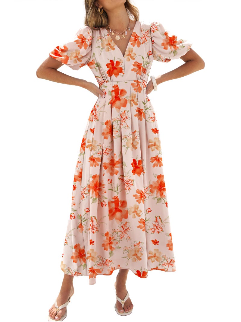 Caracilia Womens Short Puff Sleeve Maxi Dress Boho Floral A Line V Neck Spring Summer Formal Wedding Guest Party Long Dresses Floral Orange Large - Image 1