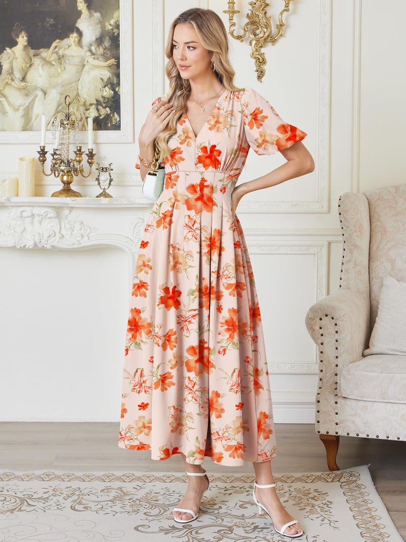 Caracilia Womens Short Puff Sleeve Maxi Dress Boho Floral A Line V Neck Spring Summer Formal Wedding Guest Party Long Dresses Floral Orange Large - Image 4