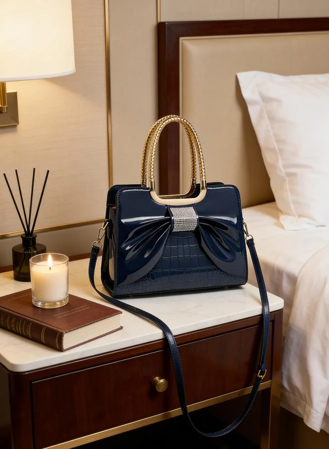 Take Two Blue Croc-Embossed Bow Handbag