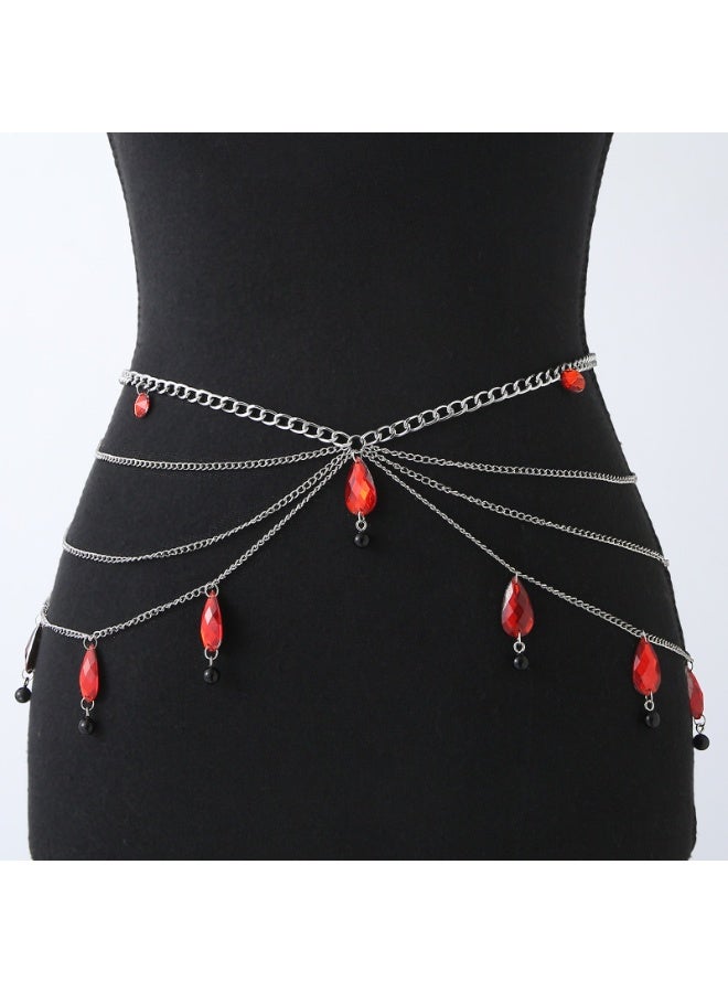 سلسلة جسم متعددة الطبقات بتصميم قطرة ماء وشرابات باللون الفضي مع خرز أحمر - Image 1