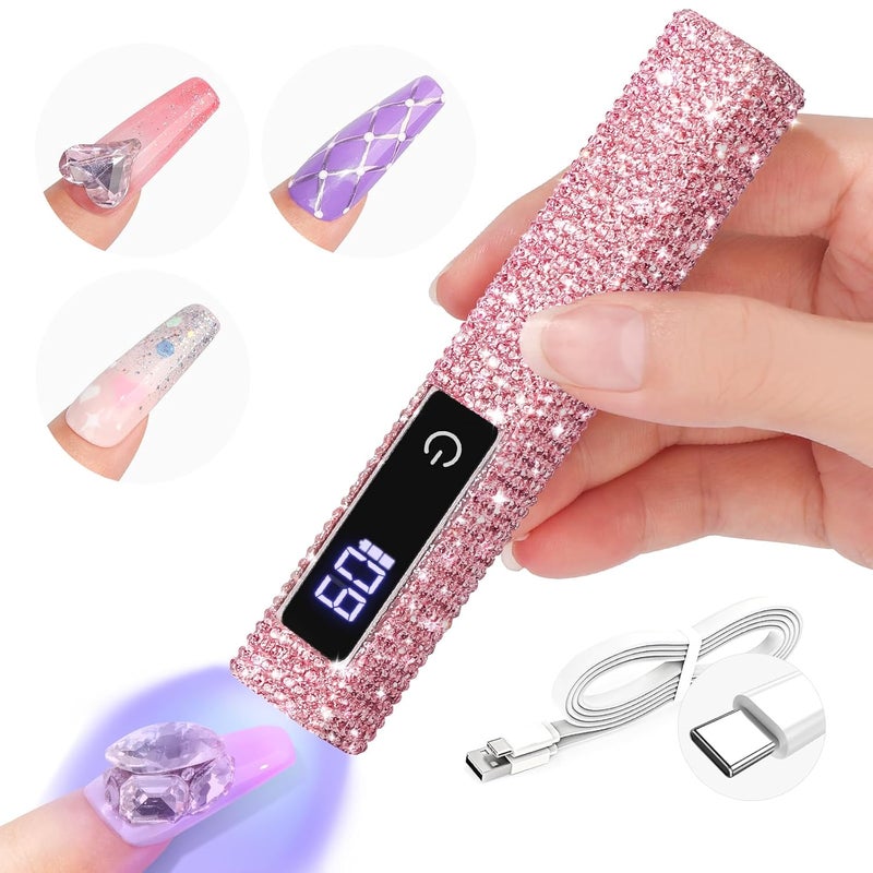 SAVILAND Glitter U V Light for Gel Nails Pink 12W LCD Screen Handheld U V Nail Lamp 8XFaster Cure LED Lamp Flash Cure Light for Gel X Nails Cordless Nail Dryer Mini U V Light for Home Salon Use