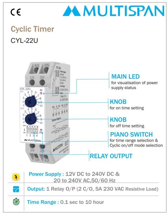 Multispan CYL22U Cycle Timer Universal Supply 12V to 240V DC 20V to 240V AC - Image 2