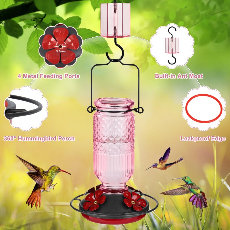 FEED GARDEN Glass Hummingbird Feeders for Outdoors, 16 OZ Pink Hummingbird Feeder with 4 Bee Guard Feeding Ports & Built-in Ant Moat, Humming Bird Feeder, Gifts for Women Mom,1 Pack - Image 5