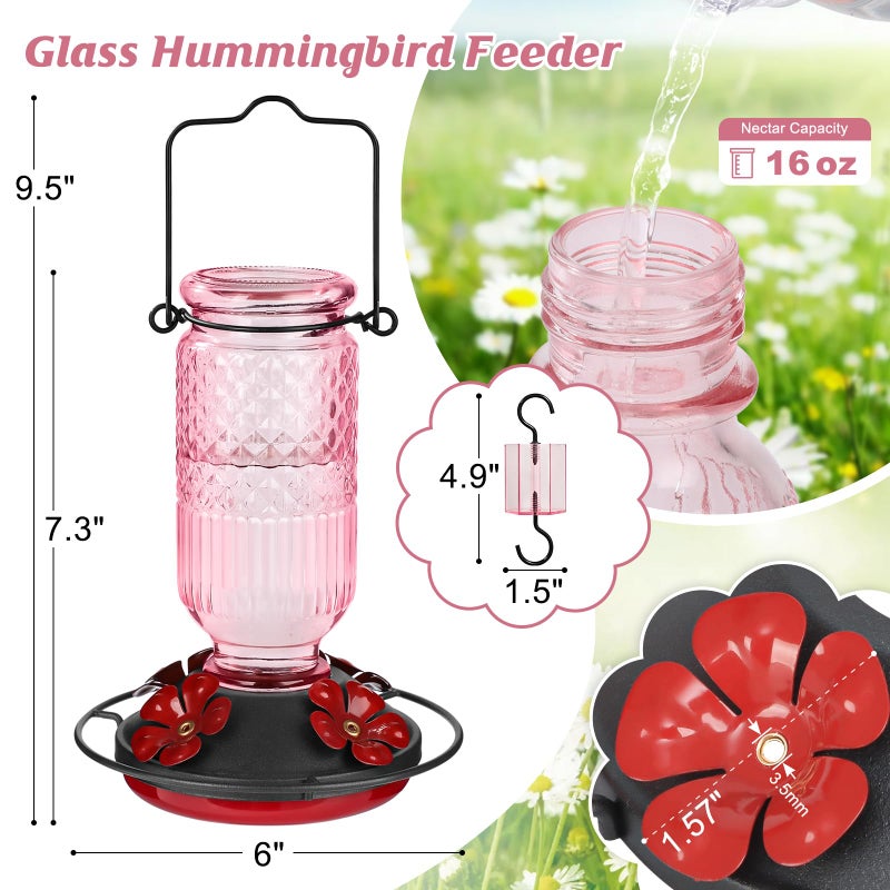 FEED GARDEN Glass Hummingbird Feeders for Outdoors, 16 OZ Pink Hummingbird Feeder with 4 Bee Guard Feeding Ports & Built-in Ant Moat, Humming Bird Feeder, Gifts for Women Mom,1 Pack - Image 2