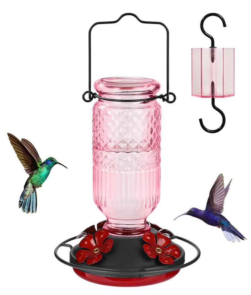 FEED GARDEN Glass Hummingbird Feeders for Outdoors, 16 OZ Pink Hummingbird Feeder with 4 Bee Guard Feeding Ports & Built-in Ant Moat, Humming Bird Feeder, Gifts for Women Mom,1 Pack - Image 1