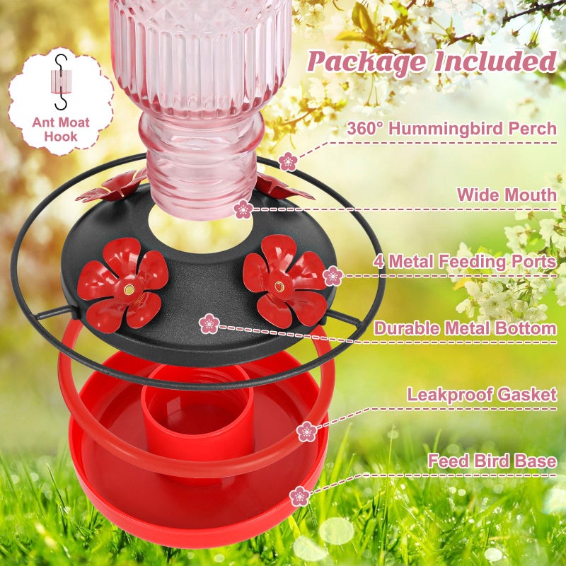 FEED GARDEN Glass Hummingbird Feeders for Outdoors, 16 OZ Pink Hummingbird Feeder with 4 Bee Guard Feeding Ports & Built-in Ant Moat, Humming Bird Feeder, Gifts for Women Mom,1 Pack - Image 3