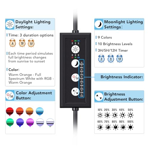 hygger Sun Moon LED Aquarium Light Full Spectrum Fish Tank Light DayNight Dual Timer Adjustable 6 Timer 10 Brightness 8 Colors for Planted Freshwater Tank 16W for 1218in Long Tank - Image 3