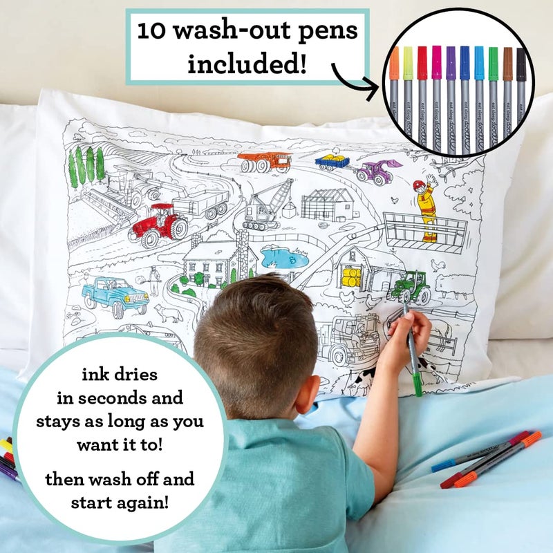 eatsleepdoodle 30x20in White Cotton Pillowcase with 10 Pack Washable Markers for Kids - Cars & Trucks Coloring Activity - Image 2