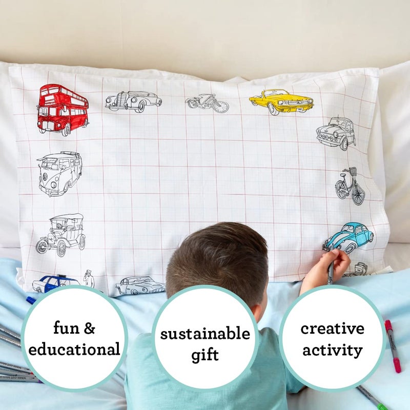 eatsleepdoodle 30x20in White Cotton Pillowcase with 10 Pack Washable Markers for Kids - Cars & Trucks Coloring Activity - Image 3