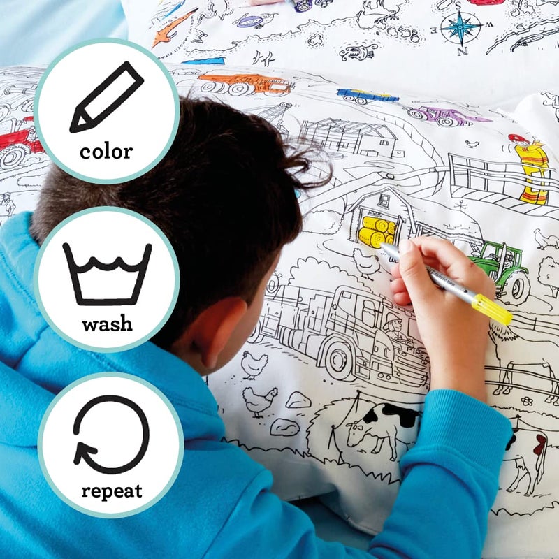 eatsleepdoodle 30x20in White Cotton Pillowcase with 10 Pack Washable Markers for Kids - Cars & Trucks Coloring Activity - Image 5