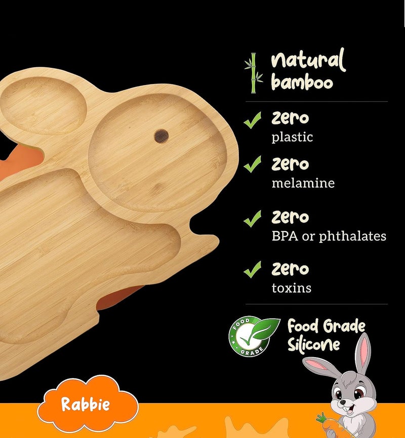 StarKiddo ® ‘Cute Bamboo Rabbie Suction Plate’ Baby-Led Weaning | 3 Sections | Non-Toxic |Eco-Friendly | Super Strong Suction - Natural Bamboo BPA Free Baby Plate (Orange) - Image 3