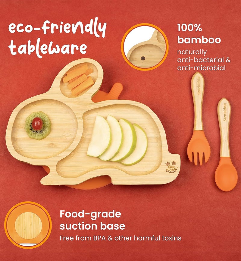 StarKiddo ® ‘Cute Bamboo Rabbie Suction Plate’ Baby-Led Weaning | 3 Sections | Non-Toxic |Eco-Friendly | Super Strong Suction - Natural Bamboo BPA Free Baby Plate (Orange) - Image 5