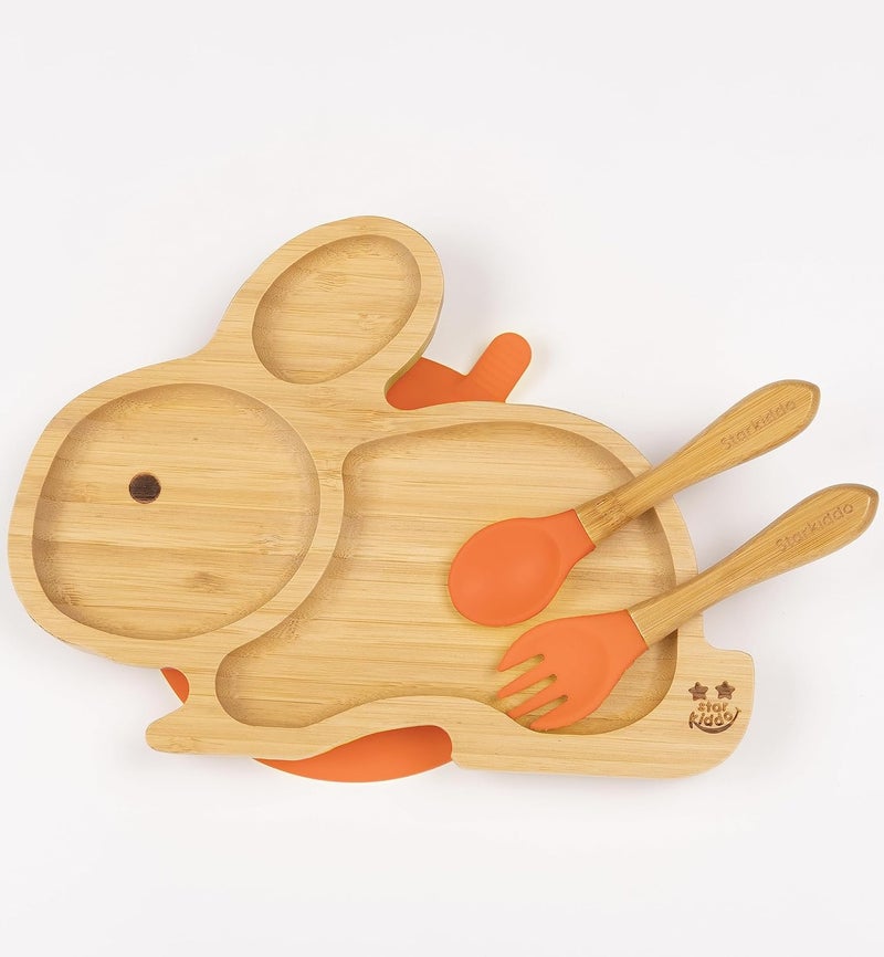 StarKiddo ® ‘Cute Bamboo Rabbie Suction Plate’ Baby-Led Weaning | 3 Sections | Non-Toxic |Eco-Friendly | Super Strong Suction - Natural Bamboo BPA Free Baby Plate (Orange) - Image 1