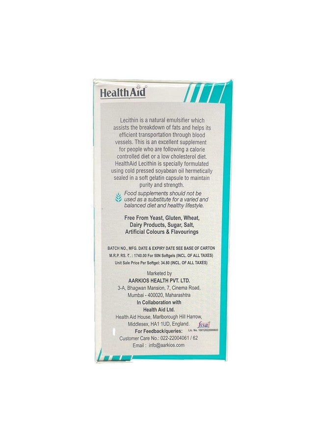 Health Aid HealthAid Lecithin 1200mg - 50 Softgel Capsules | Natural Lecithin Supplement | Supports Cognitive Function & Digestive Support | Non-GMO - Image 3