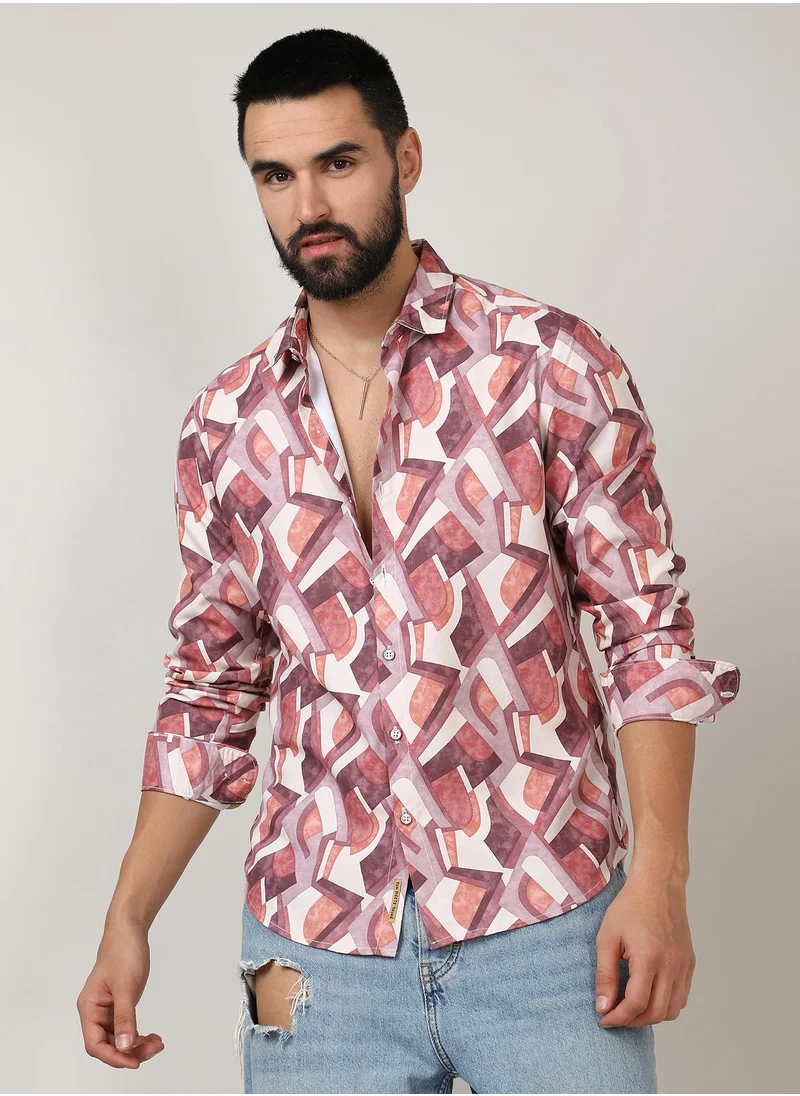 Campus Sutra Men's Pale Yellow & Sienna Brown Abstract Block Shirt