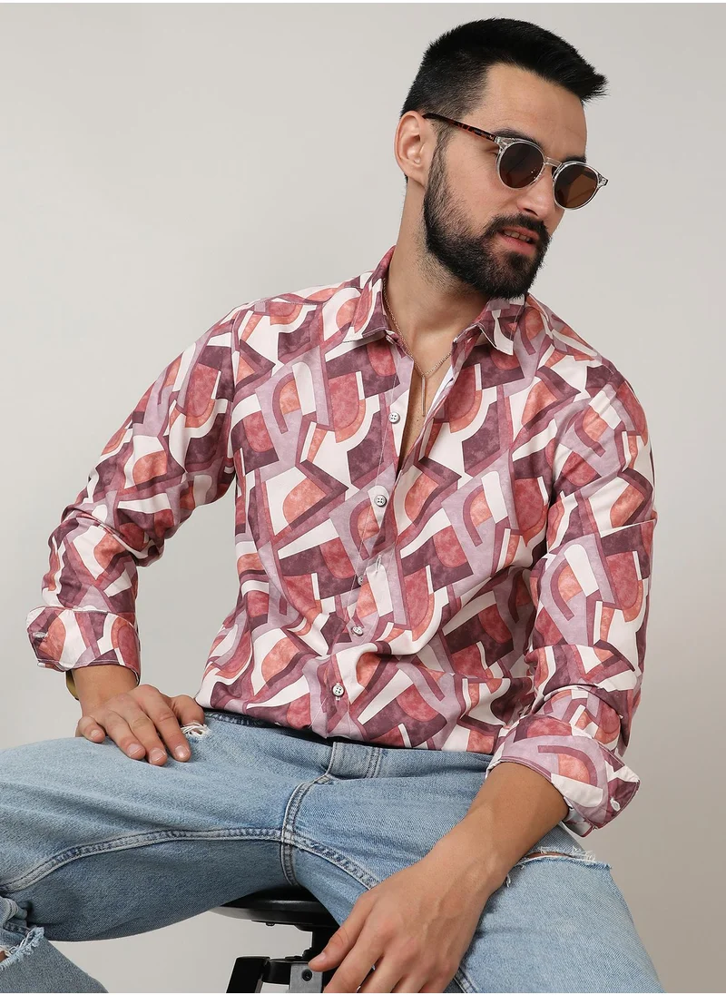 Campus Sutra Men's Pale Yellow & Sienna Brown Abstract Block Shirt