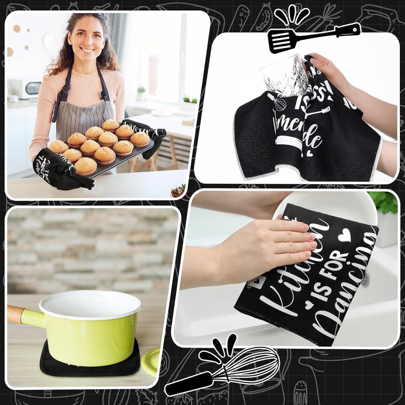 Fourluoo 10 Pcs Christmas Farmhouse Kitchen Decor and Accessories Set 4 Kitchen Towels 2 Pot Holders 2 Oven Mitts 2 Rugs for Cooking Baking Daughter Mom Housewarming Gifts(Black,Classic Style) - Image 4