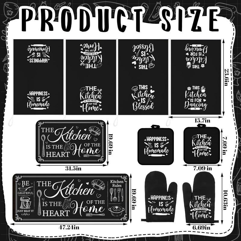 Fourluoo 10 Pcs Christmas Farmhouse Kitchen Decor and Accessories Set 4 Kitchen Towels 2 Pot Holders 2 Oven Mitts 2 Rugs for Cooking Baking Daughter Mom Housewarming Gifts(Black,Classic Style) - Image 3