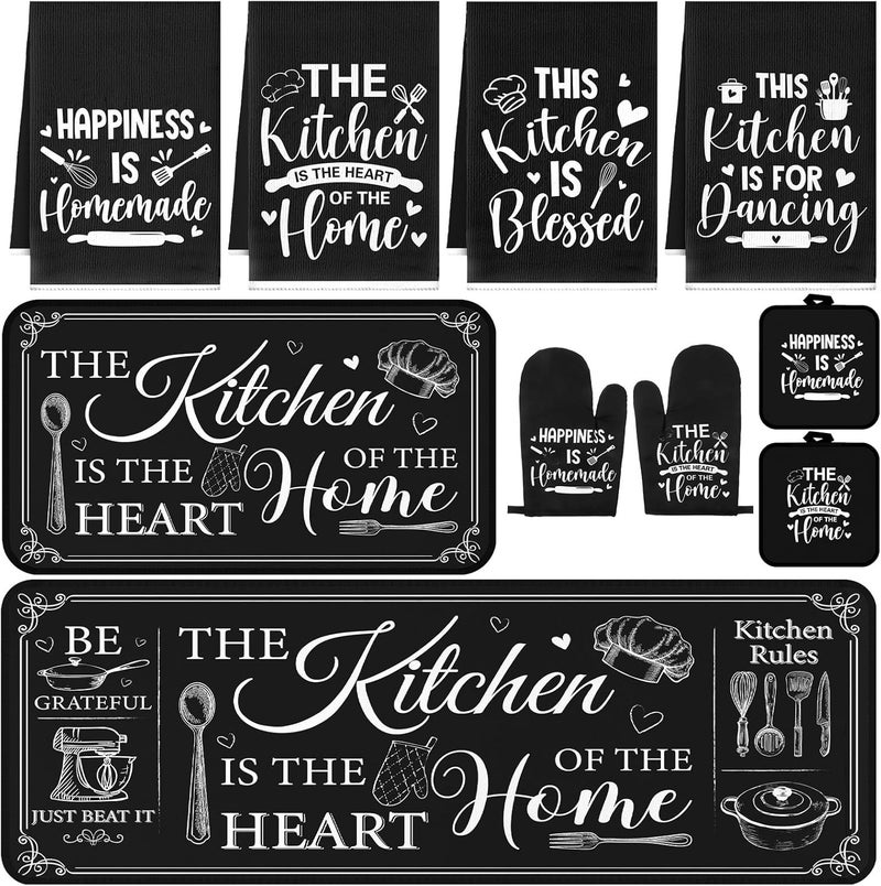 Fourluoo 10 Pcs Christmas Farmhouse Kitchen Decor and Accessories Set 4 Kitchen Towels 2 Pot Holders 2 Oven Mitts 2 Rugs for Cooking Baking Daughter Mom Housewarming Gifts(Black,Classic Style) - Image 1