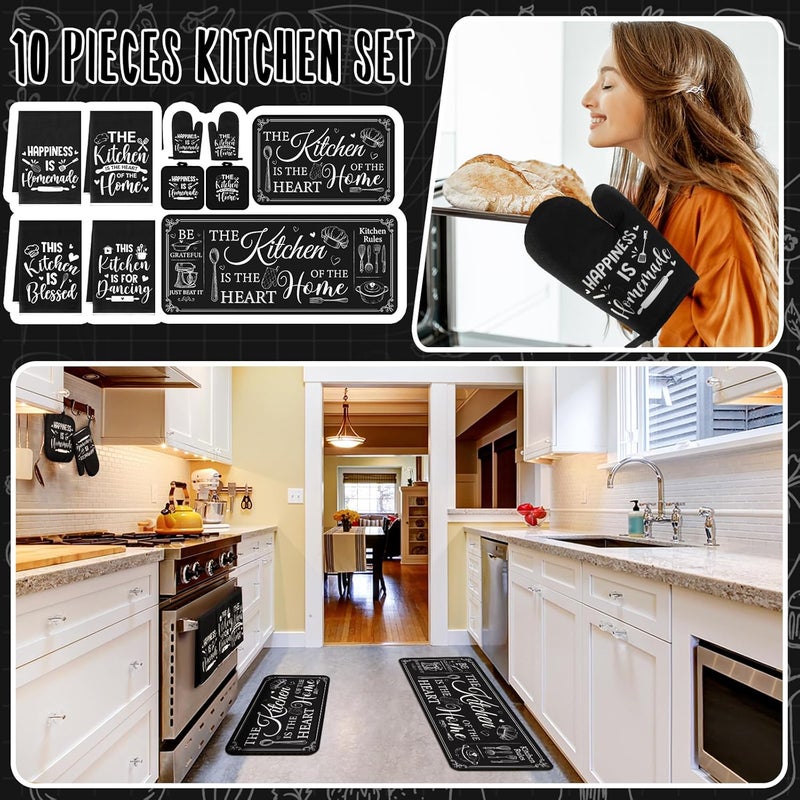 Fourluoo 10 Pcs Christmas Farmhouse Kitchen Decor and Accessories Set 4 Kitchen Towels 2 Pot Holders 2 Oven Mitts 2 Rugs for Cooking Baking Daughter Mom Housewarming Gifts(Black,Classic Style) - Image 2