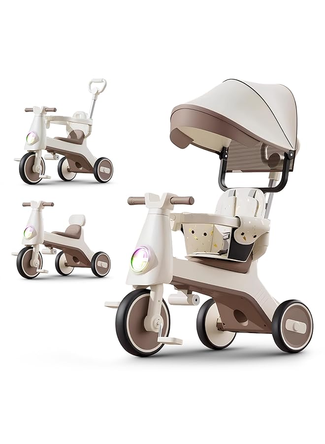 BAYBEE Zeno 3 In 1 Tricycle For Kids | Toddler Trike For Kids Girls And Boys With Parent Handle Canopy Light & Music Adjustable Push Handle Guardrail Baby Stroller Tricycle For 1 5 Years (Beige) - Image 1