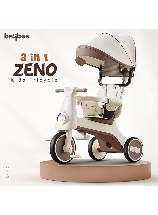 BAYBEE Zeno 3 In 1 Tricycle For Kids | Toddler Trike For Kids Girls And Boys With Parent Handle Canopy Light & Music Adjustable Push Handle Guardrail Baby Stroller Tricycle For 1 5 Years (Beige) - Image 2