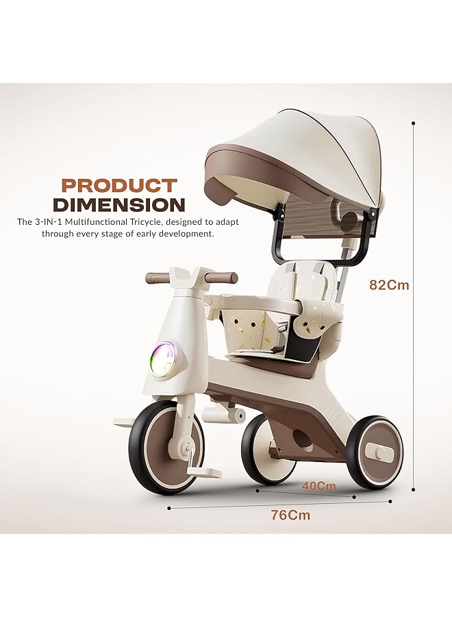 BAYBEE Zeno 3 In 1 Tricycle For Kids | Toddler Trike For Kids Girls And Boys With Parent Handle Canopy Light & Music Adjustable Push Handle Guardrail Baby Stroller Tricycle For 1 5 Years (Beige) - Image 3