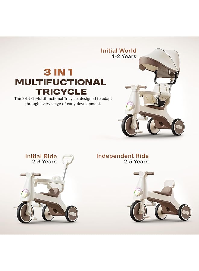 BAYBEE Zeno 3 In 1 Tricycle For Kids | Toddler Trike For Kids Girls And Boys With Parent Handle Canopy Light & Music Adjustable Push Handle Guardrail Baby Stroller Tricycle For 1 5 Years (Beige) - Image 4