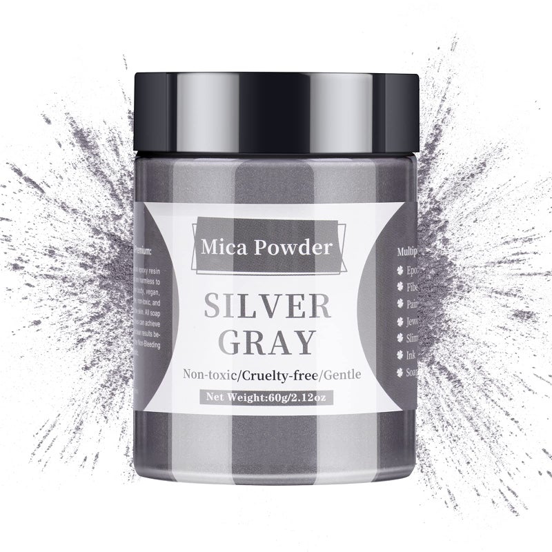 مسحوق ميكا 60 جرام مسحوق ميكا لراتنج الإيبوكسي صبغة لؤلؤية لصبغ الراتنج ظلال العيون صنع الصابون الأظافر قنابل الاستحمام إلخ رمادي فضي